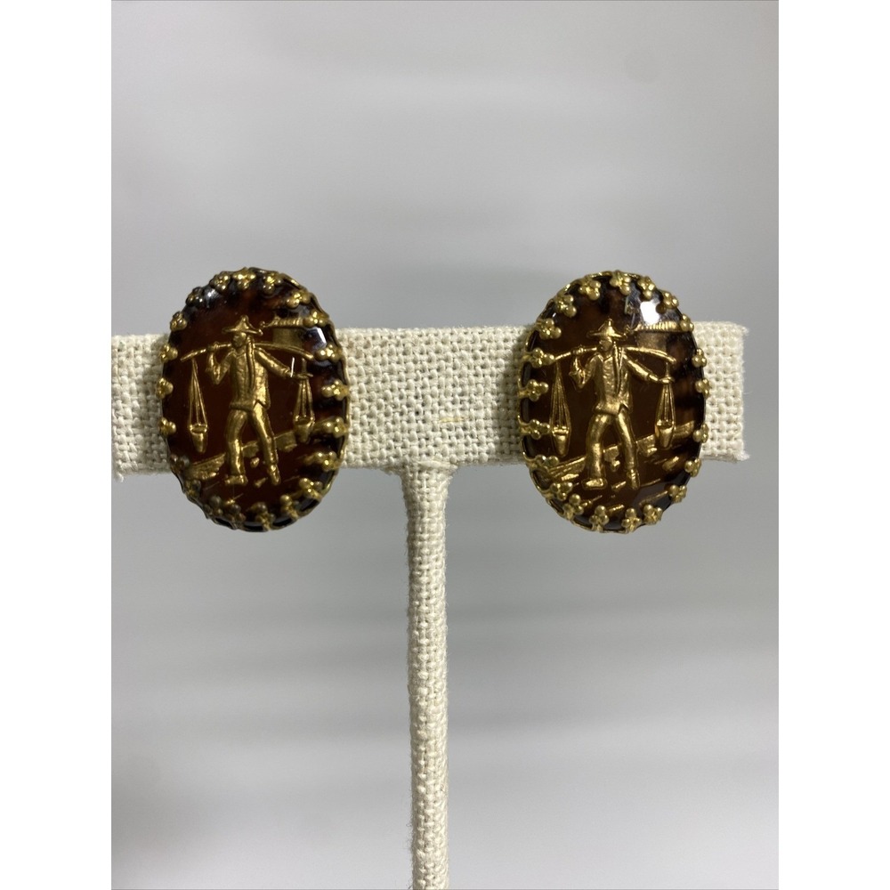 Vintage West‎ Germany Gold Tone Intaglio Amber Glass Thai Man Clip On Earrings